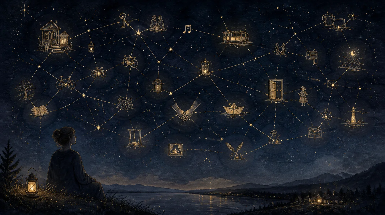 A constellation map across an indigo night sky where each star is a tiny golden vignette of a personal memory, joined by fine gold lines