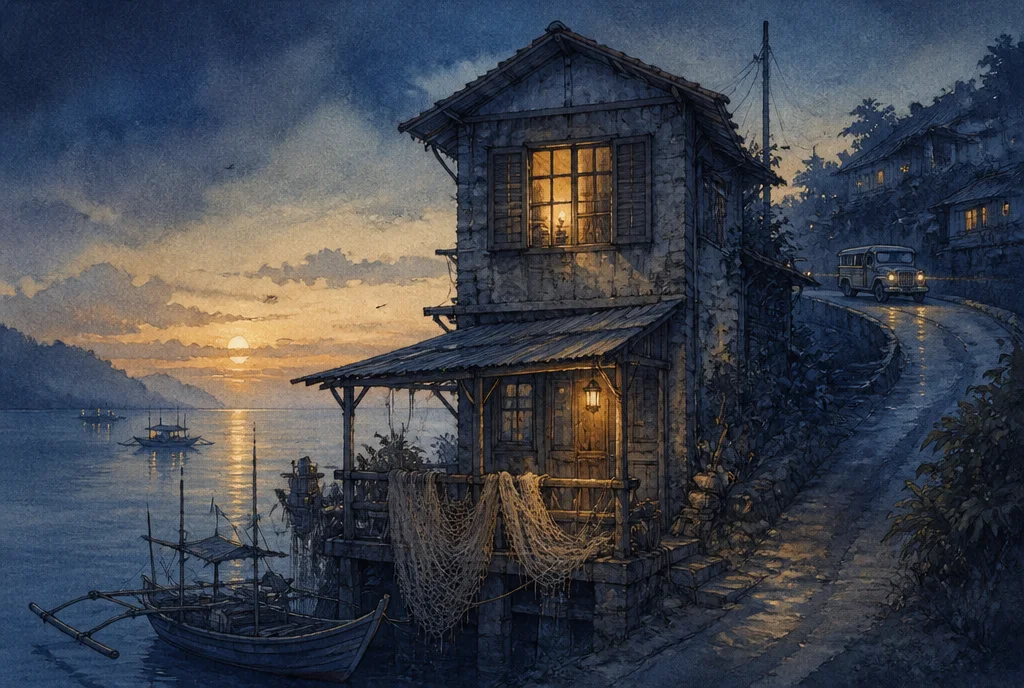 A narrow house by a quiet harbor at dawn, one window glowing warm, fishing nets on the porch, calm misty sea