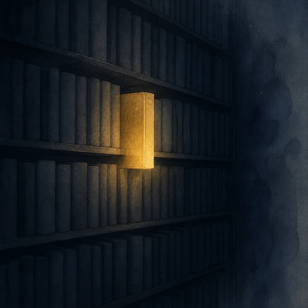 A dark shelf of identical featureless books, with one single warm golden book glowing among them